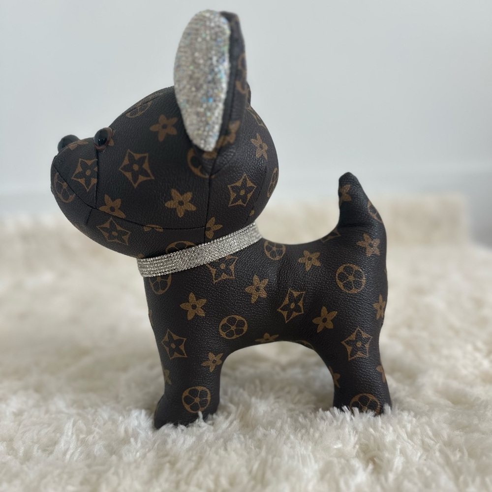 Designer-Style Brown Monogram Frenchie Dog Toy with Rhinestone Collar - Picture 2 of 4